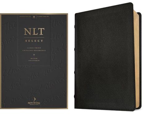 Links: "NLT SELECT LARGE PRINT THINLINE REFERENCE BLACK GOATSKIN." Rechts: Ein Buch mit schwarzem Ledercover.