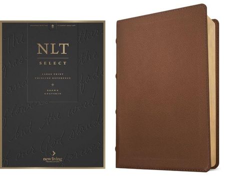 Text auf Buchrückseite: "NLT SELECT, LARGE PRINT, THINLINE REFERENCE, BROWN GOATSKIN." Rechts ist ein braunes Buch.