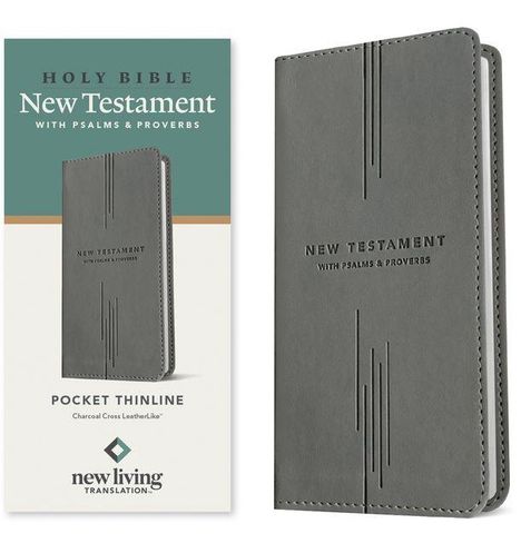 "HOLY BIBLE", "New Testament with Psalms & Proverbs", graues Buch, schlichtes Design, Logo "new living translation".