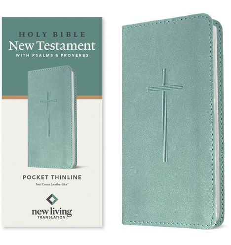 "HOLY BIBLE New Testament, mit Psalmen & Sprüchen; Pocket Thinline; tealfarbenes Cover mit Kreuzprägung."
