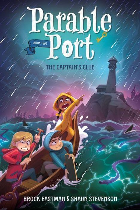 "Parable Port: The Captain’s Clue, Book Two." Drei Kinder in einem Boot im Sturm, ein Leuchtturm im Hintergrund.