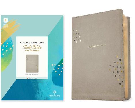 "Courage For Life: Study Bible for Women", grau mit goldenen Akzenten, Farben: Blau, Grün, Gelb.