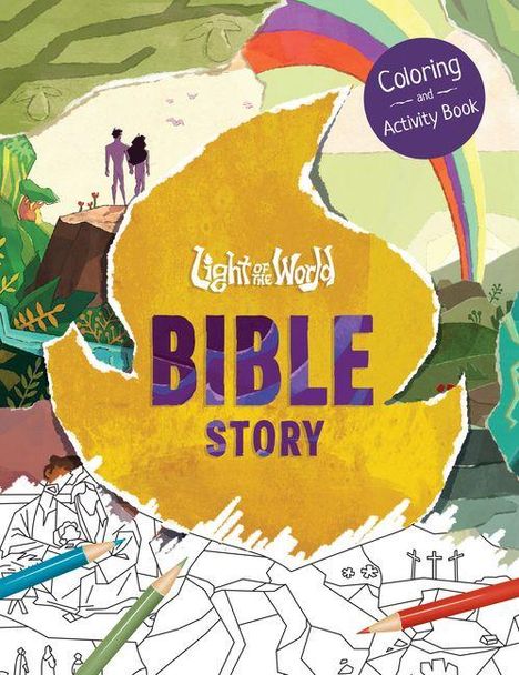 "Light of the World: BIBLE STORY" in großen Buchstaben. Buntes, kindgerechtes Design mit Regenbogen und Landschaftsszenen.