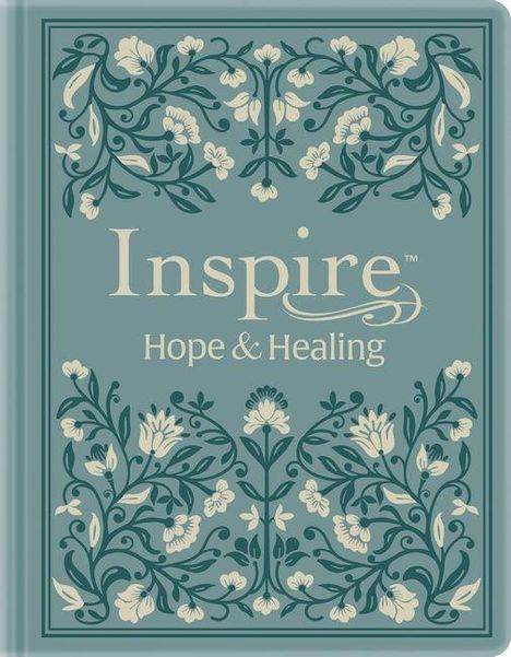 "Inspire Hope & Healing" in eleganter Schrift, umgeben von floralen, symmetrischen Mustern in Blau- und Beigetönen.