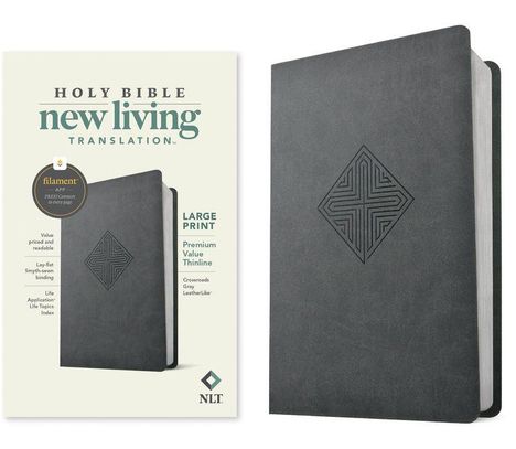 Texte: "Holy Bible New Living Translation", "Large Print", "Premium Value Thinline". Dunkles Buch mit geometrischem Muster.