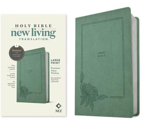 „Holy Bible New Living Translation“ in großer Schrift, Premium Value Thinline, grünes Lederimitat mit Blumenprägung.