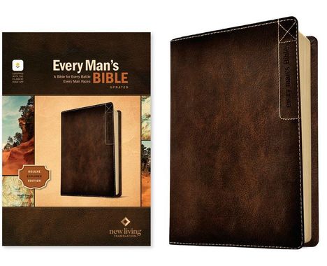 „Every Man’s Bible“, „A Bible for Every Battle Every Man Faces“, „Deluxe Explorer Edition“. Dunkler Ledereinband.