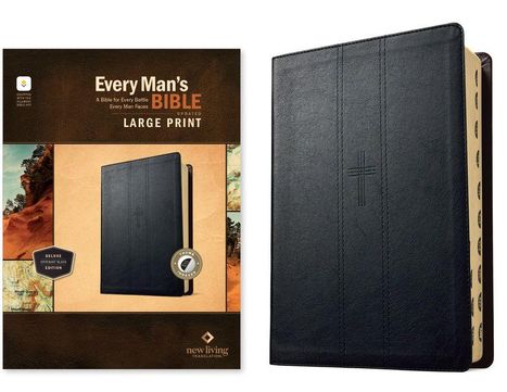 „Every Man's Bible: A Bible for Every Battle Every Man Faces LARGE PRINT“. Dunkle Lederhülle mit Kreuz-Prägung.