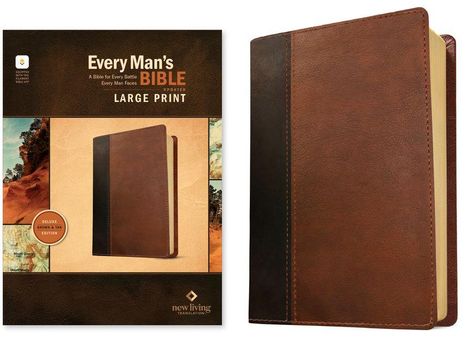 "Every Man's Bible", "LARGE PRINT", "DELUXE BROWN & TAN EDITION". Links eine Bibel in einer Verpackung, rechts die Bibel.