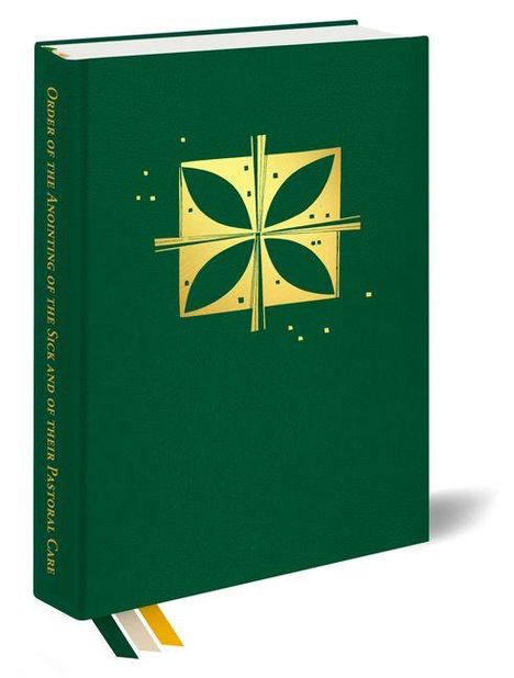 Ein dickes, grünes Buch mit Goldkreuz und Blattmotiv. Text: "Order of the Anointing of the Sick and of their Pastoral Care".