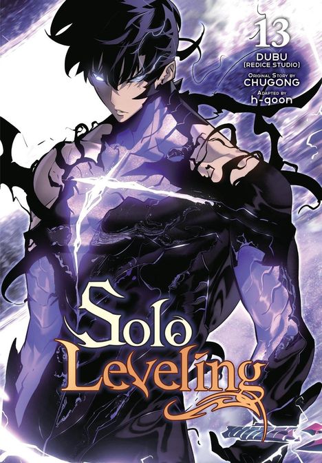 „Solo Leveling 13“, Illustration eines dunklen, mystischen Charakters mit leuchtenden Augen und energischen Effekten.