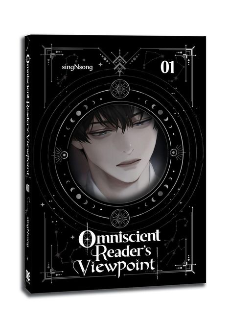 Text: "singNsong, Omniscient Reader's Viewpoint, 01". Illustration: Ein junger Mann mit dunklem Haar, umgeben von Mondphasen und Sternen.