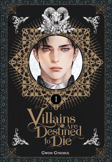 "Villains Are Destined to Die", Band 1, Gwon Gyeoeul. Illustration eines jungen Mannes mit dunklen Haaren und blauen Augen.