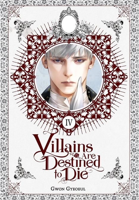 "Villains Are Destined to Die," Gwon Gyeoeul. Illustration: Junger Mann mit silbernem Haar, umgeben von floralen Mustern.
