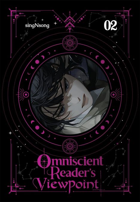 "singNsong", "02", "Omniscient Reader's Viewpoint". Eine stilvolle Illustration eines Mannes, umgeben von violetten Mustern.