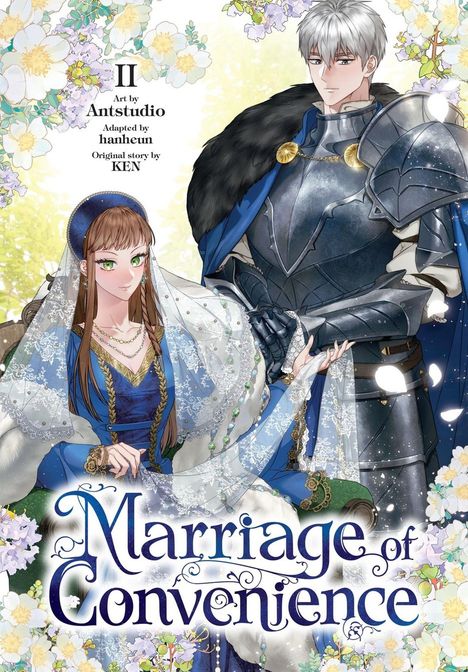 „Marriage of Convenience“ ziert die Mitte. Ein Paar in mittelalterlicher Kleidung, umgeben von Blumen.