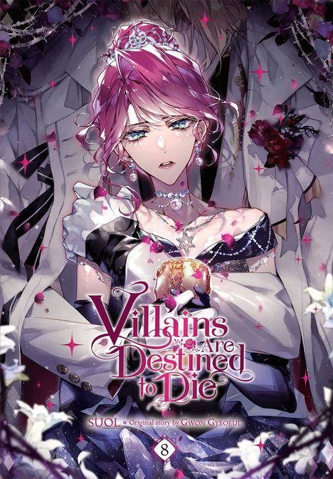 "Villains Are Destined to Die." Eine Frau mit lila Haaren trägt ein elegantes Kleid. Romantisch-fantastische Atmosphäre.