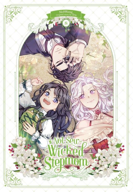 „Not-Sew-Wicked Stepmom“ steht in verschnörkelter Schrift. Drei Manga-Figuren liegen lächelnd auf Blumen, umrahmt von Mustern.