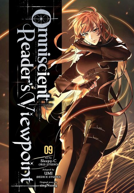 "Omniscient Reader's Viewpoint". Illustration einer Frau in schwarzer Kleidung mit dynamischer Pose und leuchtenden Effekten.