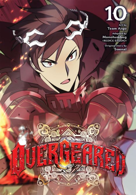 „Overgeared“ und „10“ in großen Buchstaben, ein kämpferischer Charakter in Rüstung mit energischem Gesichtsausdruck.