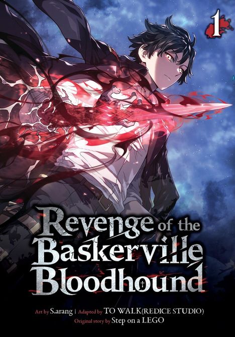 „Revenge of the Baskerville Bloodhound“, Mann mit schwarzem Haar, rote leuchtende Klinge, dynamische Pose, Nachthimmel.