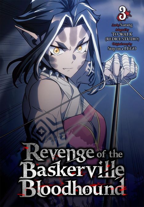 „Revenge of the Baskerville Bloodhound“, Illustration: Eine Figur mit spitzen Ohren und gelben Augen zieht einen Bogen.
