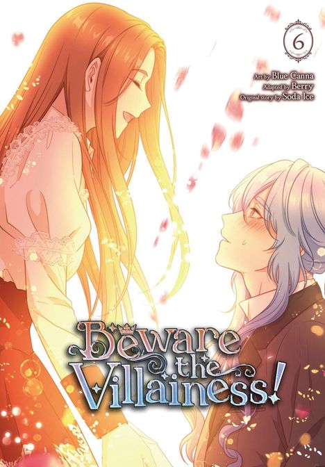 „Beware the Villainess!“ zeigt eine blonde und eine blauhaarige Person in verträumter Atmosphäre mit fallenden Blüten.