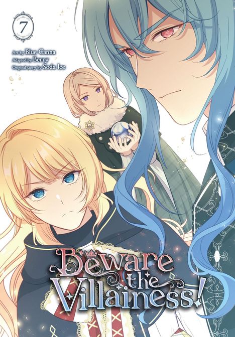 „Beware the Villainess!“ Art von Blue Canna, adaptiert von Berry. Drei Personen, eine mit blauen Haaren und ernster Miene.