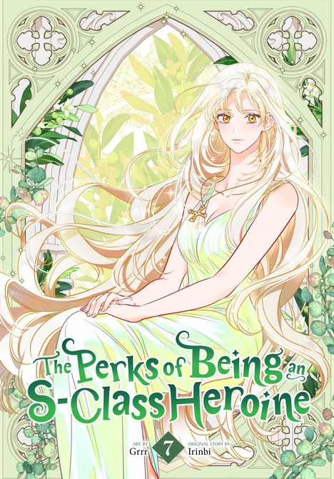 „The Perks of Being an S-Class Heroine“, Illustration: Frau mit langem, blondem Haar in gelbem Kleid, umgeben von Pflanzen.