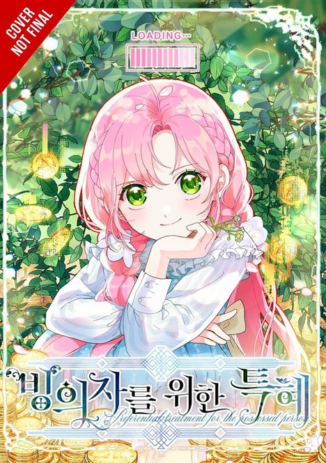 Text „COVER NOT FINAL“ und „Loading...“. Illustration: Mädchen mit rosa Haaren, grüne Augen, umgeben von Pflanzen.