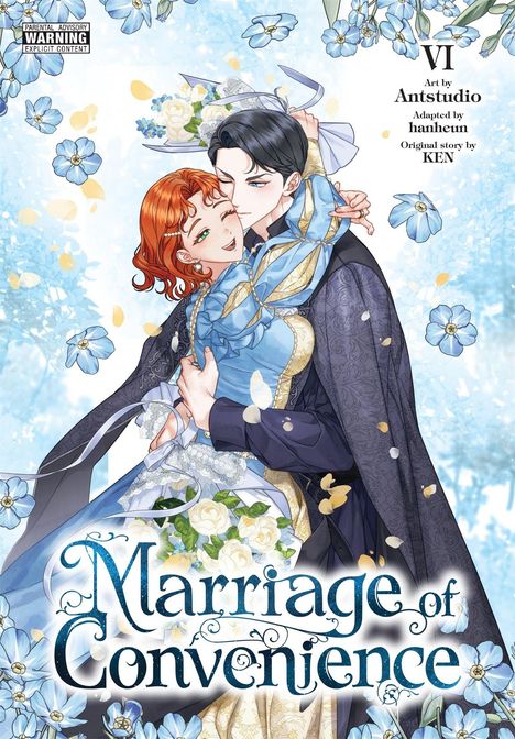 "Titel: Marriage of Convenience. Paar in liebevoller Umarmung, dekoriert mit blauen Blumen und goldenen Blättern."