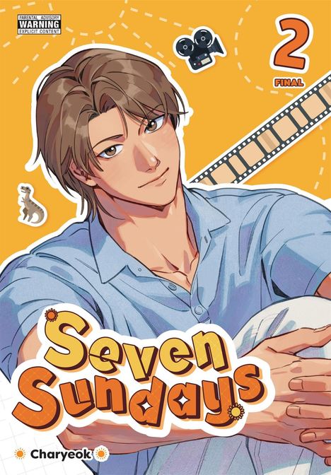 "Parental Advisory Warning Explicit Content", "Seven Sundays", "2 FINAL". Illustration eines lächelnden Mannes mit Filmkamera-Clipart.