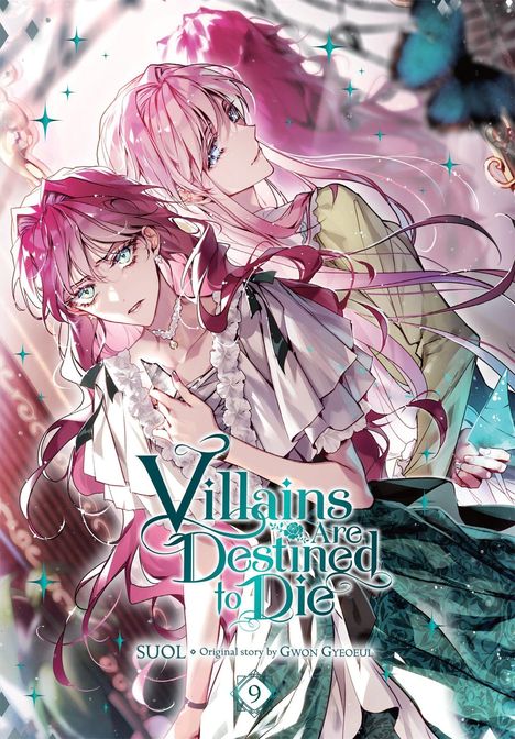 „Villains Are Destined to Die“. Zwei elegant gekleidete Figuren mit langem Haar, umgeben von Schmetterlingen und funkelndem Licht.