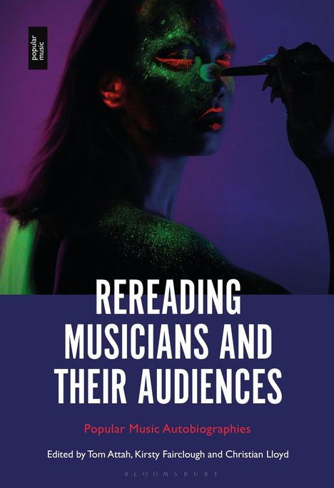 Rereading Musicians and Their Audiences. Ein Gesicht in Neonfarben mit geschlossenen Augen und Pinsel auf schwarzem Hintergrund.