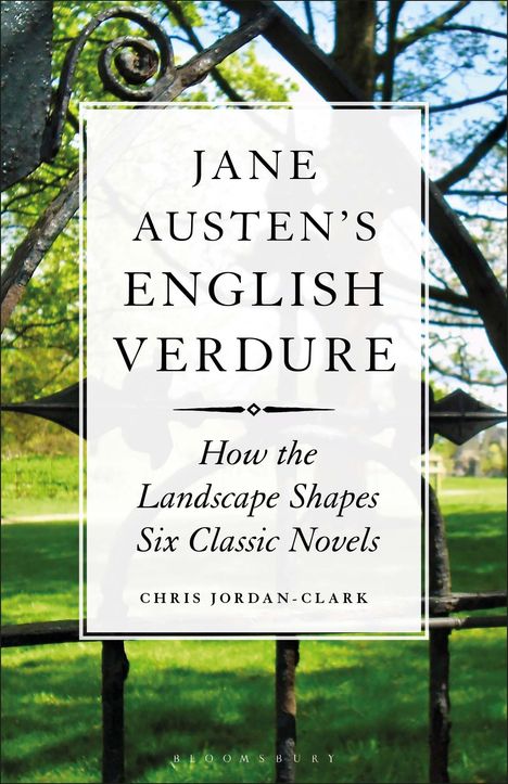 Buchtitel über Jane Austen und Landschaften. Hintergrund: Metalltor, Bäume und Wiese.