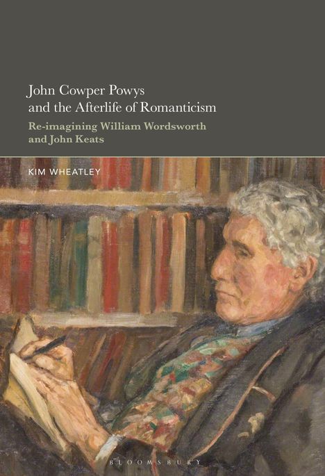 Text: "John Cowper Powys and the Afterlife of Romanticism." Illustration: Ein älterer Mann schreibt in einem Raum voller Bücher.