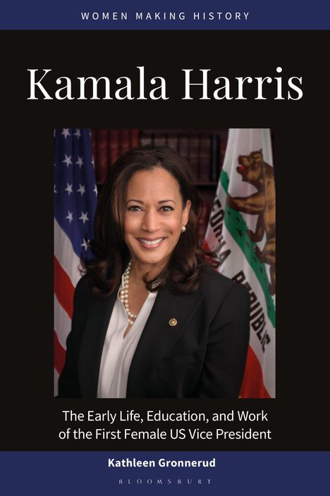 Titel: "Kamala Harris". Untertitel: Details über Leben und Karriere der ersten weiblichen US-Vizepräsidentin. Porträtfoto.