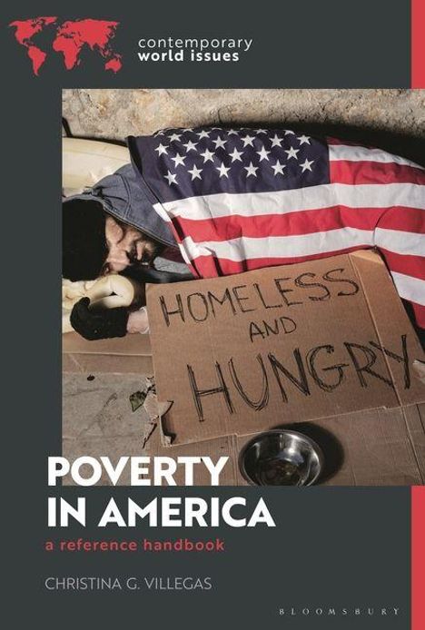 Texte: "HOMELESS AND HUNGRY", "POVERTY IN AMERICA", "contemporary world issues". Illustration: Person unter US-Flagge mit Schild.