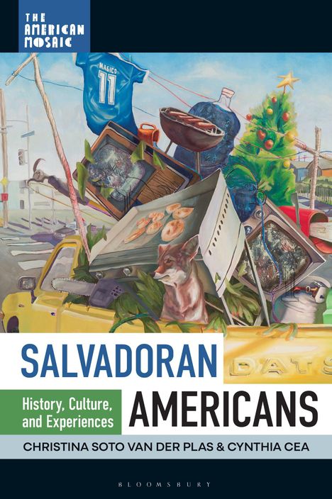 Titel: "Salvadoran Americans". Eine bunte Szene mit einem Trikot, Weihnachtsbaum und Grill.