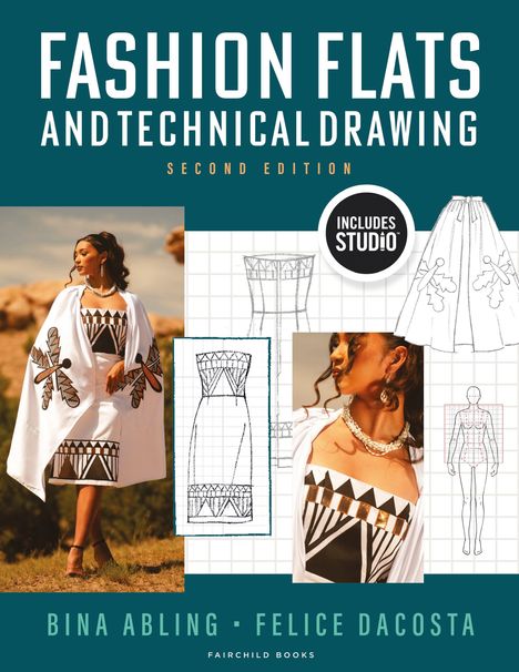 "FASHION FLATS AND TECHNICAL DRAWING." Darunter Modedesign mit technischen Skizzen, Person im modernen Kleid.