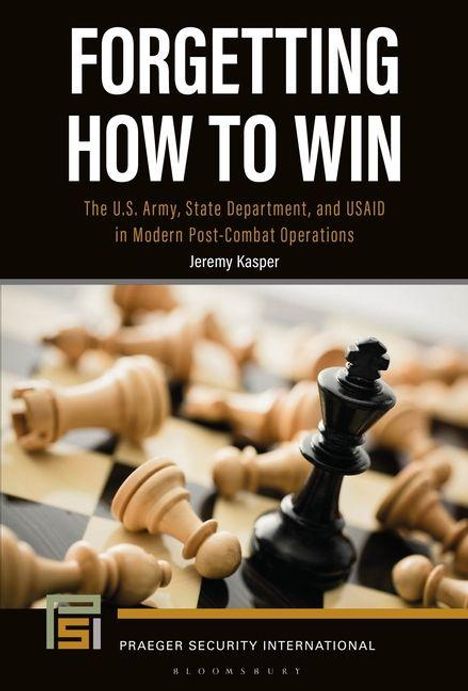 FORGETTING HOW TO WIN: Schachbrett mit umgefallenen Figuren. Unten Logo von Praeger Security International.