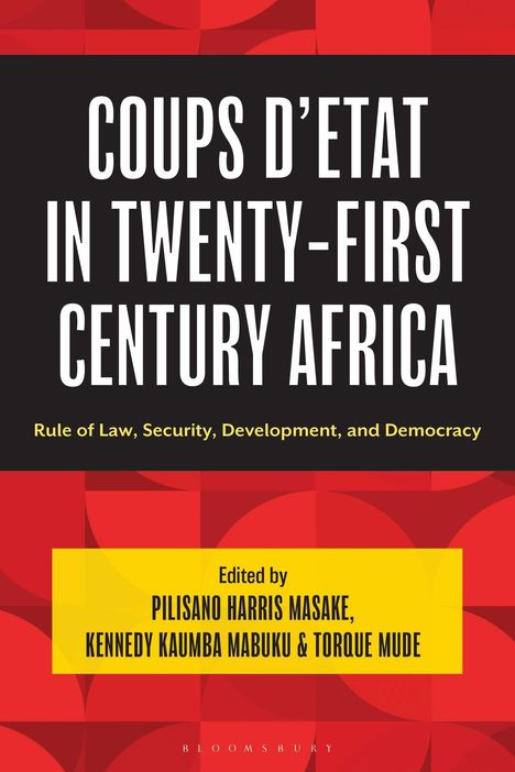 "COUPS D’ÉTAT IN TWENTY-FIRST CENTURY AFRICA" in Weiß, schwarze Schrift auf rotem und schwarzem Hintergrund.