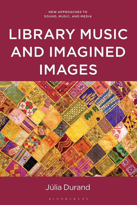 „LIBRARY MUSIC AND IMAGINED IMAGES“ von Júlia Durand; Patchwork mit bunten Stoffen in diagonalen Mustern.