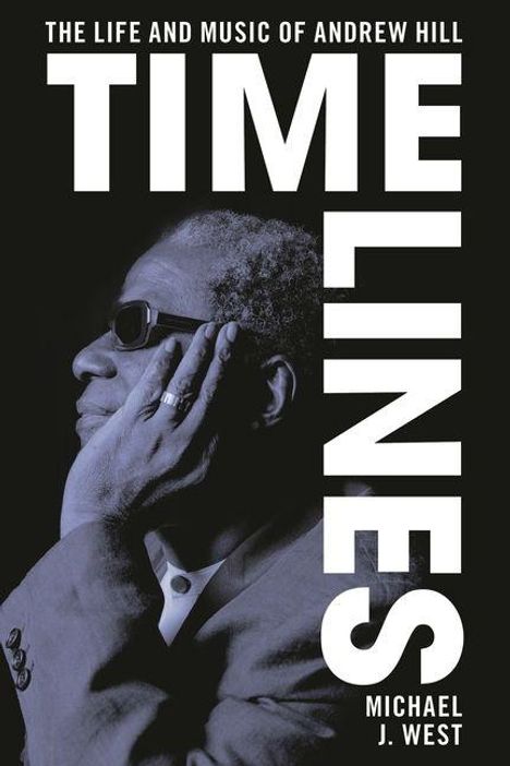 „TIME LINES“ von Michael J. West. Ein Mann in einem Anzug hält sein Gesicht nachdenklich mit einer Hand.