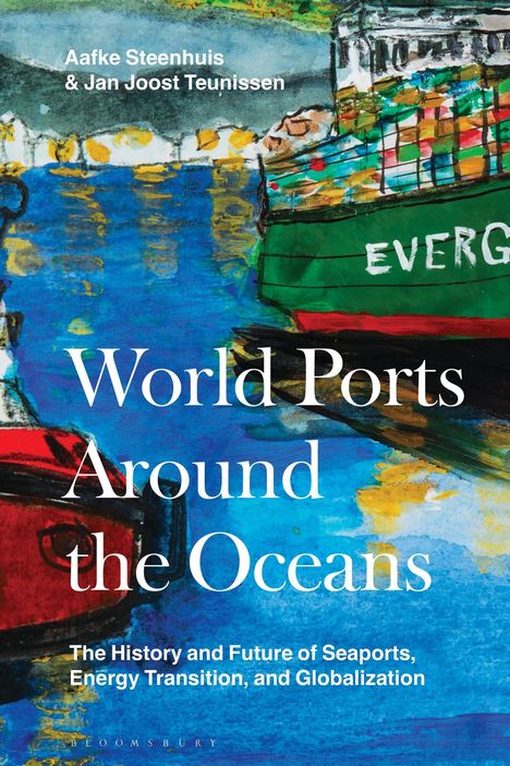 Text: "World Ports Around the Oceans." Illustration von einem grünen Frachtschiff im Wasser, mit Containern beladen.