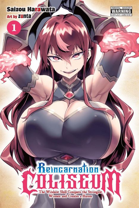 "Reincarnation Coliseum", Manga-Cover, Frau mit langen roten Haaren, schwarzem Outfit, feurige Arme, warnender Hinweistext.