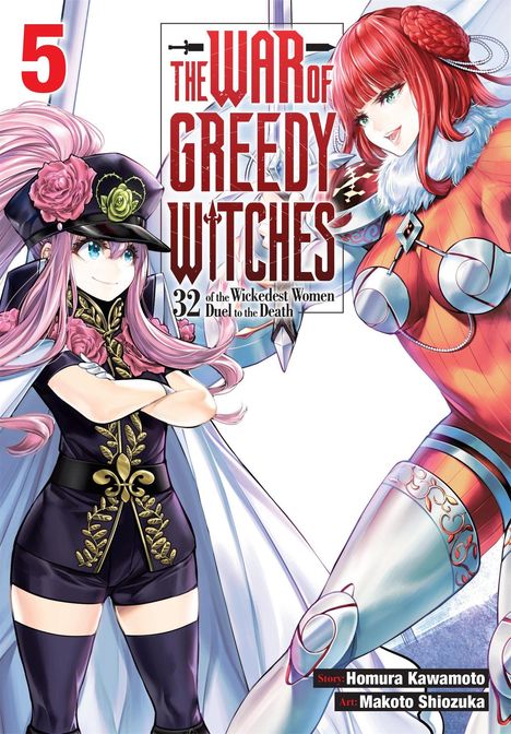 "The War of Greedy Witches 32 of the Wickedest Women Duel to the Death." Zwei gezeichnete Frauen, eine mit pinkem Haar und schwarzem Hut, die andere mit rotem Haar und Rüstung.