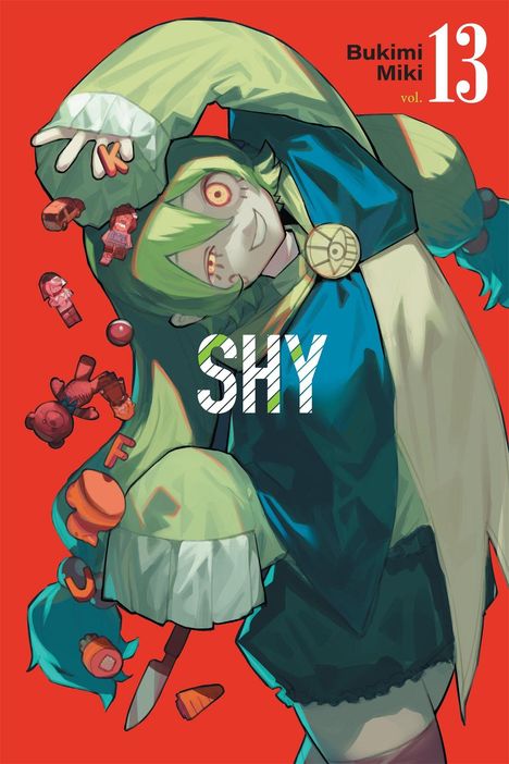 Über rotem Hintergrund steht „Bukimi Miki vol. 13“ und „SHY“. Eine Figur mit grünem Haar und Mantel erscheint.