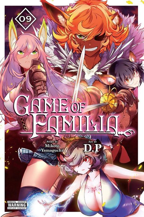 „Game of Familia“ Vol. 09. Illustrative Manga-Cover mit vier Charakteren, teils in Rüstungen und mit Tierohren.