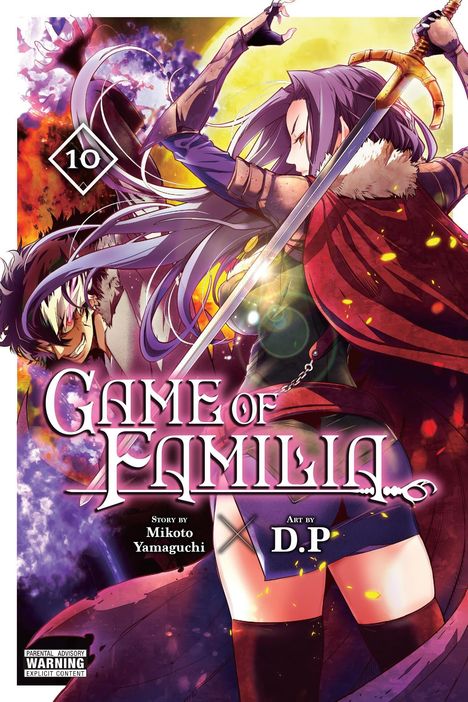 "Game of Familia" steht in großen Buchstaben. Zwei kämpfende Charaktere mit Schwertern. Energisches, farbiges Design.